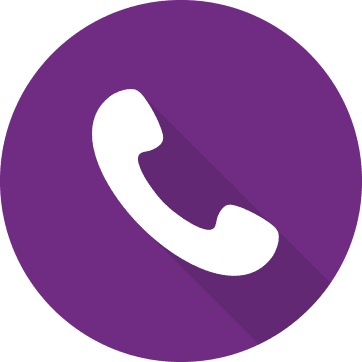 White phone icon on a purple circle with a long shadow.