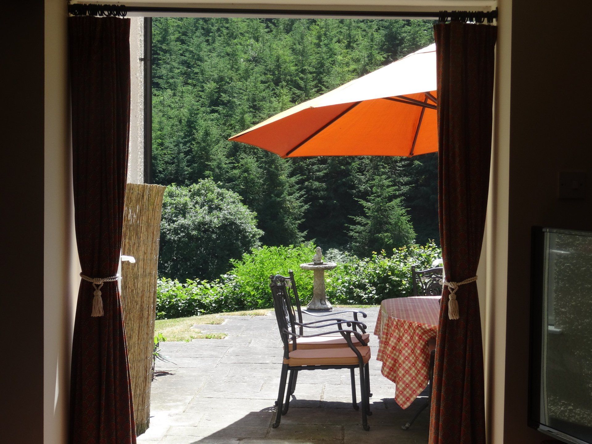 View from inside: open doorway, patio table with umbrella, forest background.
