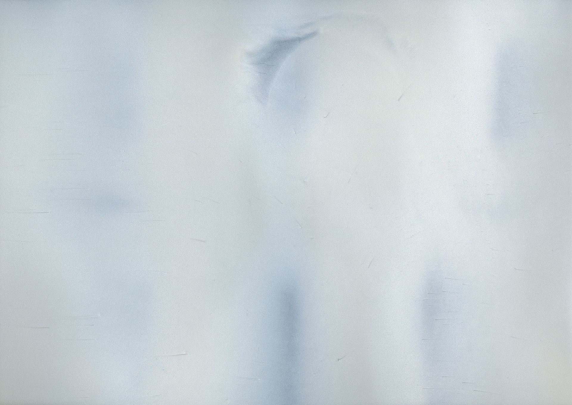 Abstract, pale blue and white painting with vertical brushstrokes.