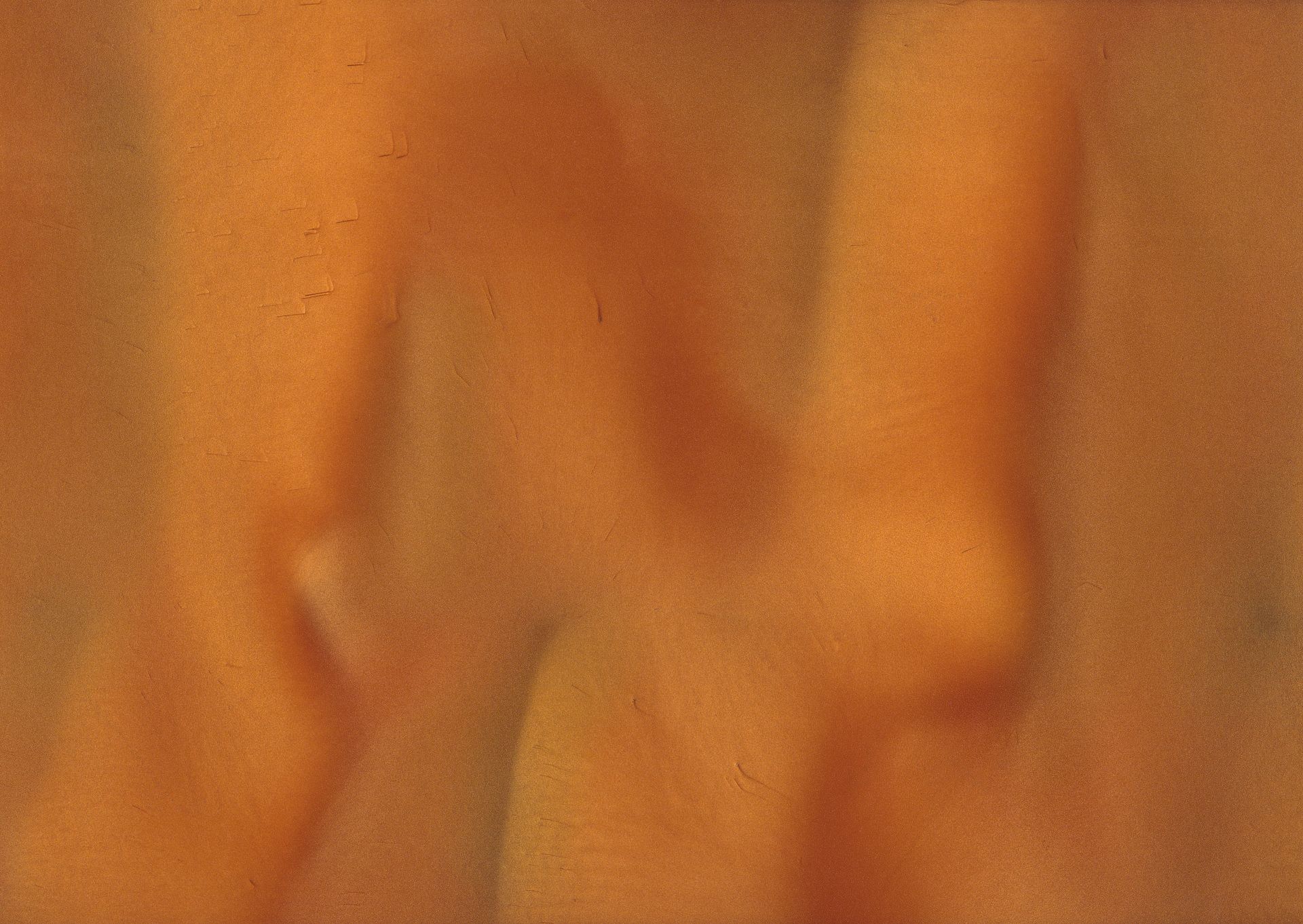 Abstract orange painting, possibly legs or a figure, with blurred shapes and a textured appearance.