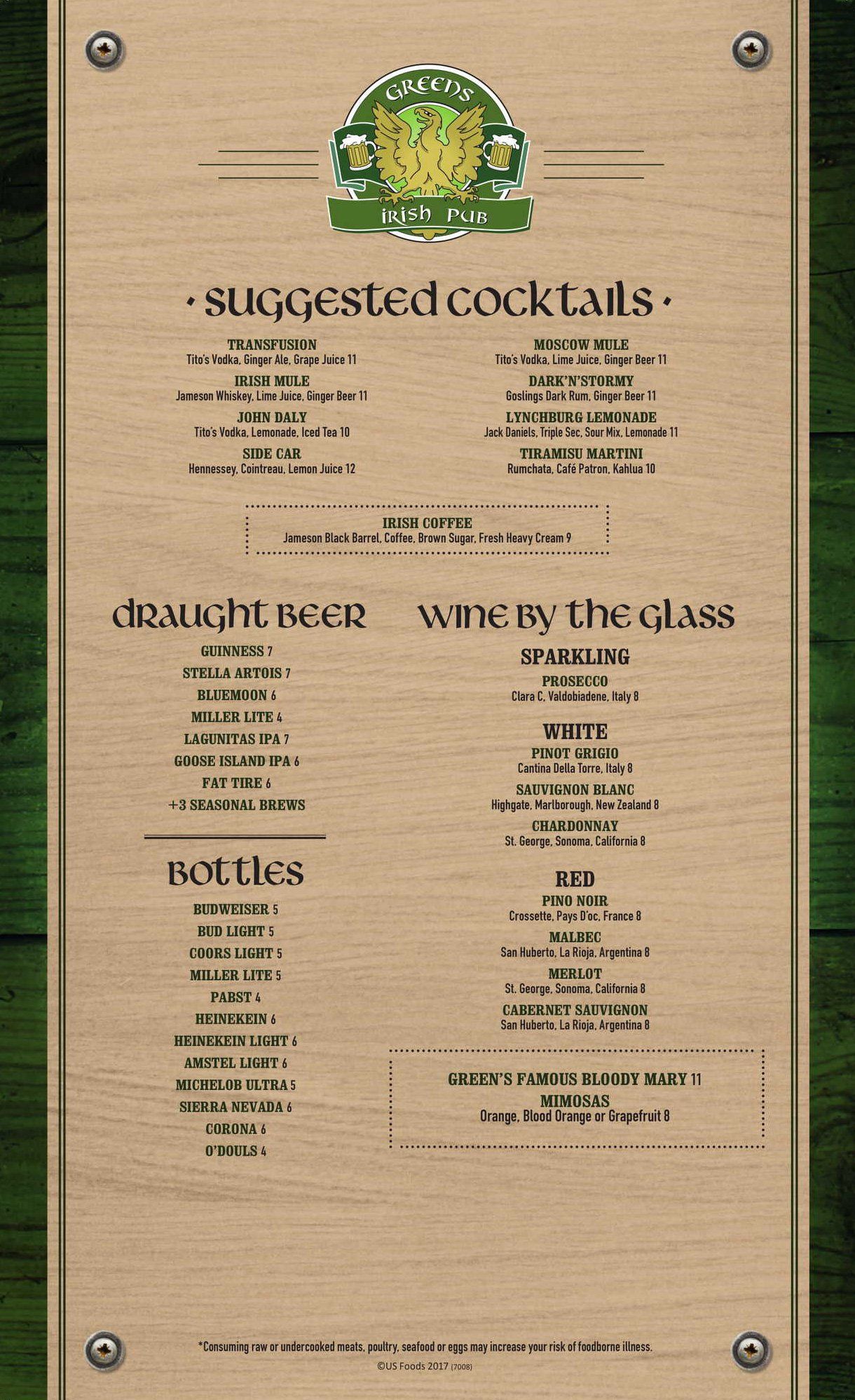 Green's Irish Pub- Drink Menu | 516.570.6220