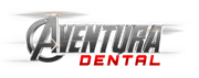 Aventura Dental logo in silver and red text on a white background