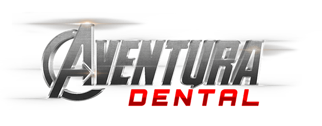 Aventura Dental logo in silver and red text on a white background