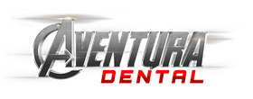 Aventura Dental logo in silver and red text on a white background