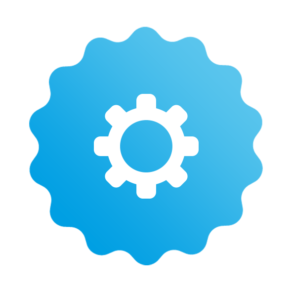 A blue circle with a white gear inside of it.