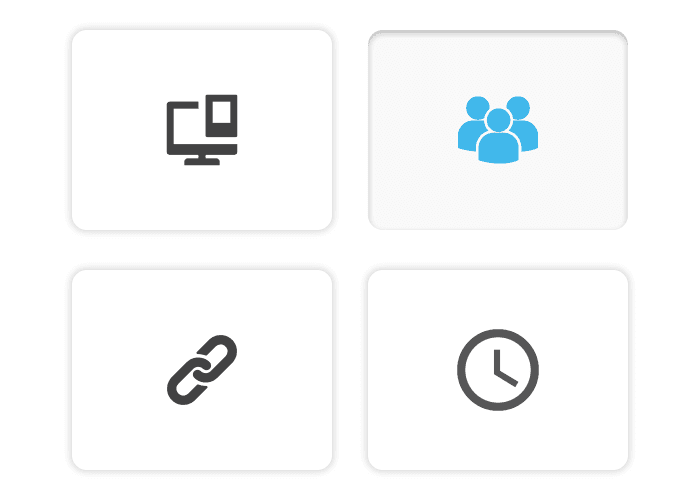 A computer , a group of people , a link , and a clock are shown on a white background.