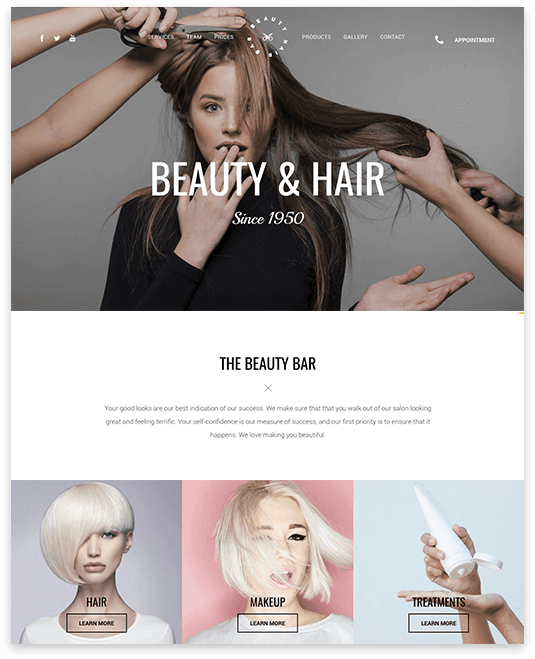 A screenshot of a website for a beauty and hair salon.