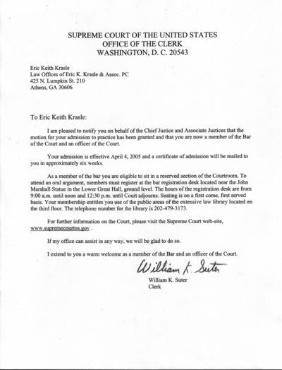 United States Supreme Court — Watkinsville, GA — Law Offices of Eric K. Krasle