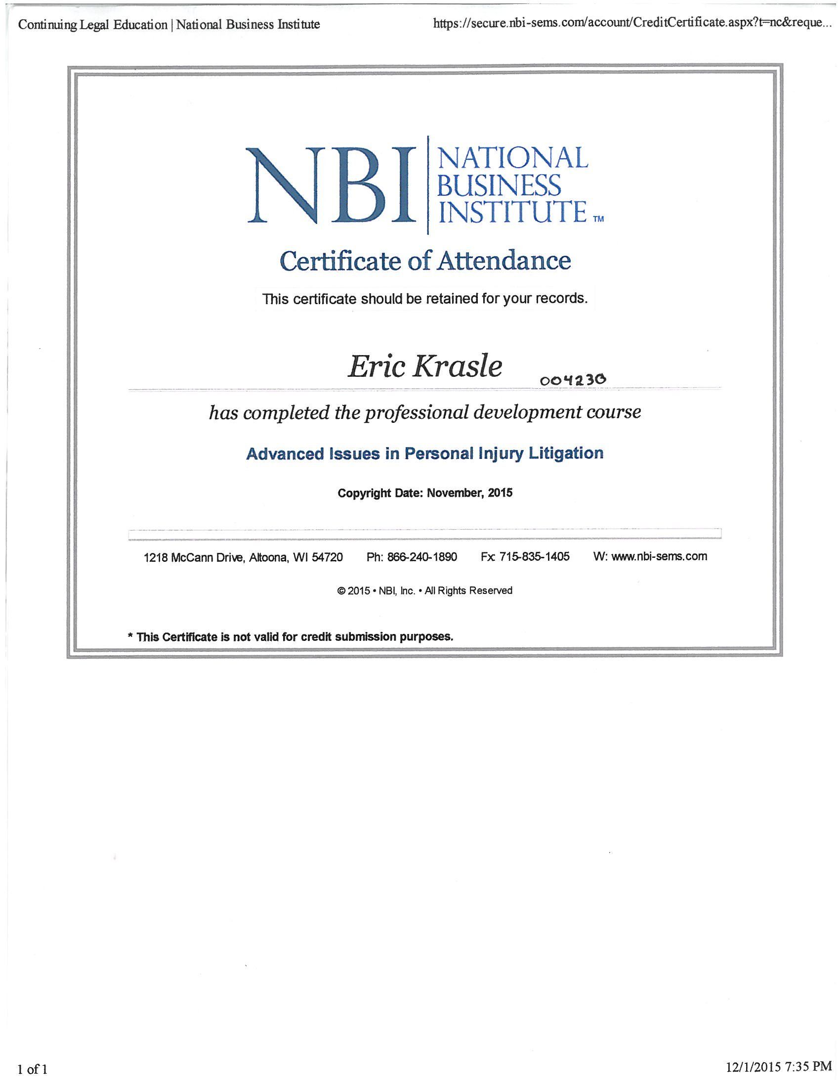 National Business Institure — Watkinsville, GA — Law Offices of Eric K. Krasle