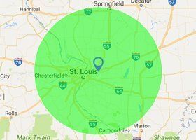 Green circle map centered on St. Louis, Missouri, showing a coverage area over nearby cities.