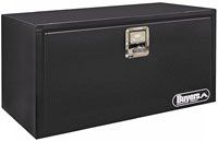 A black metal toolbox with a handle on a white background.