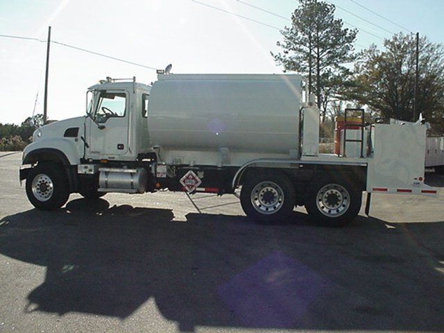 A white tanker truck is parked on the side of the road.