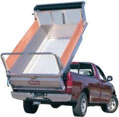 A red dump truck with its bed open on a white background.