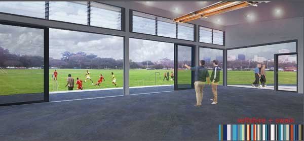 windows opened up to a soccer field