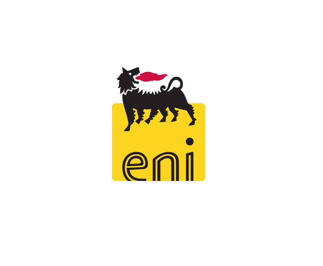 Eni logo: black six-legged dog with red flame on a yellow square