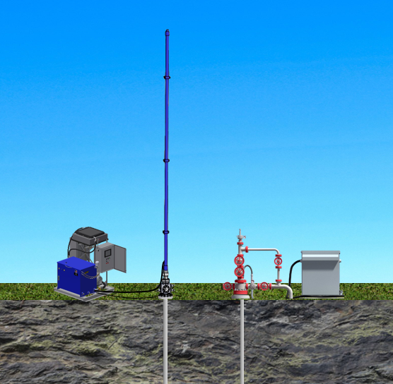 Outdoor geophysical sensor setup with a tall blue mast, cables, and equipment boxes on grass under a clear sky