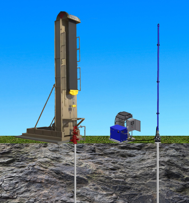 Industrial equipment beside a tall concrete tower and blue machinery on a rocky plain under a clear sky