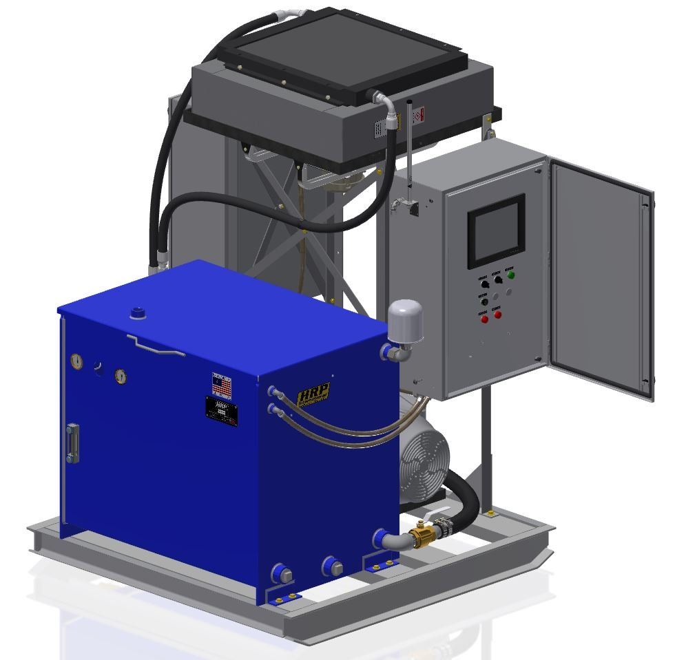 Industrial machine with blue and gray enclosures and an open control panel on a white base.
