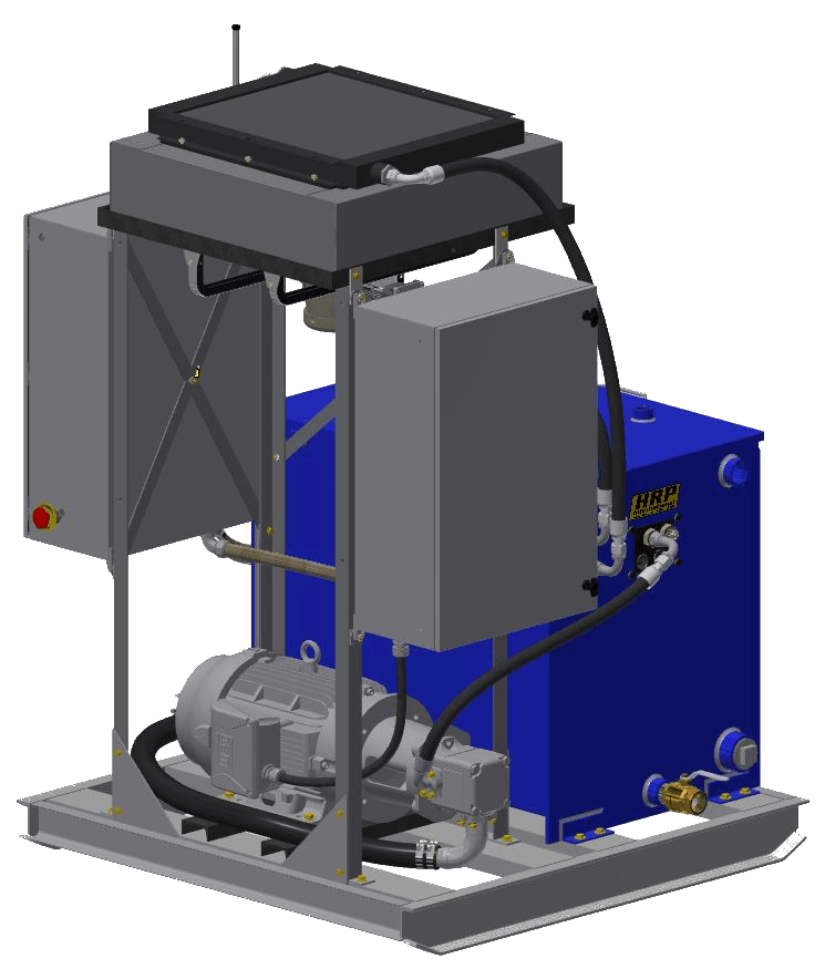 Industrial machine assembly with gray frame, blue tank, and black top unit on a metal base