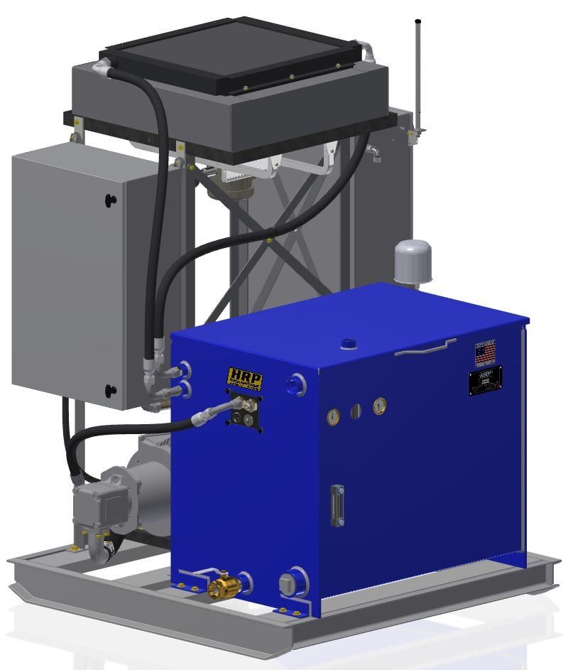 Blue industrial machine with hoses and a gray control box on a white base.