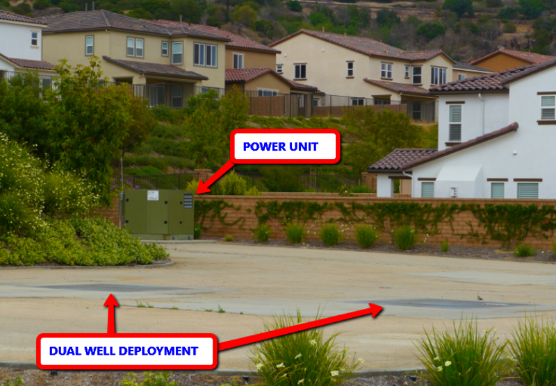 Enclosed HRP hydraulic power unit in residential neighborhood housing tract, Orange County California, circa 2003
