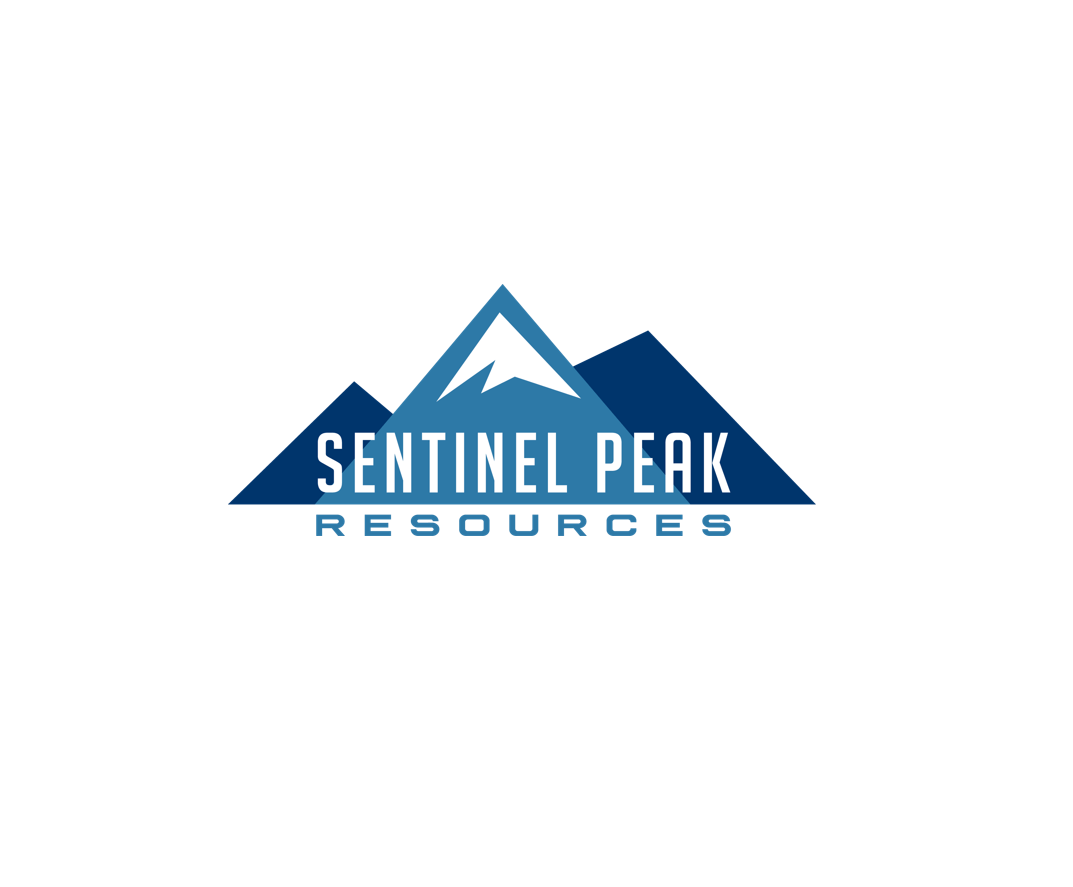 Sentinel Peak Resources logo with blue mountain peaks and text on white background