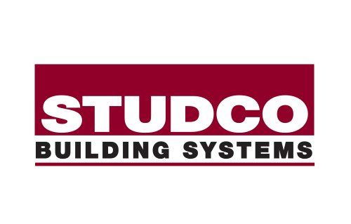 The logo for studco building systems is red and white.