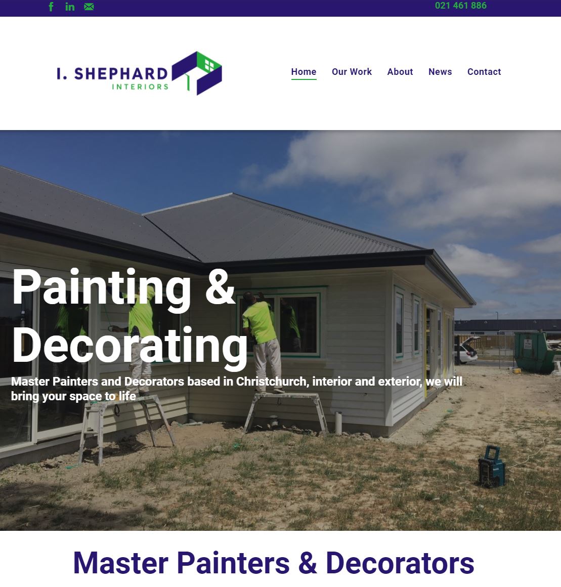 A website for master painters and decorators shows a house being painted and decorated.