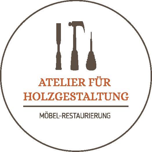 Circular logo for woodcraft workshop, with three tools and German text: “Atelier für Holzgestaltung – Möbel-Restaurierung”
