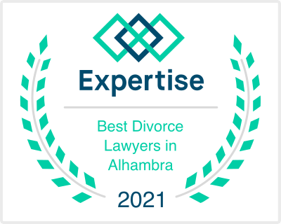 Expertise award: Best Divorce Lawyers in Alhambra, 2021. Teal and dark blue logo with laurel wreath.
