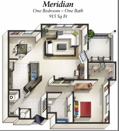 Meridian; 915 sq ft; 1bd/1ba