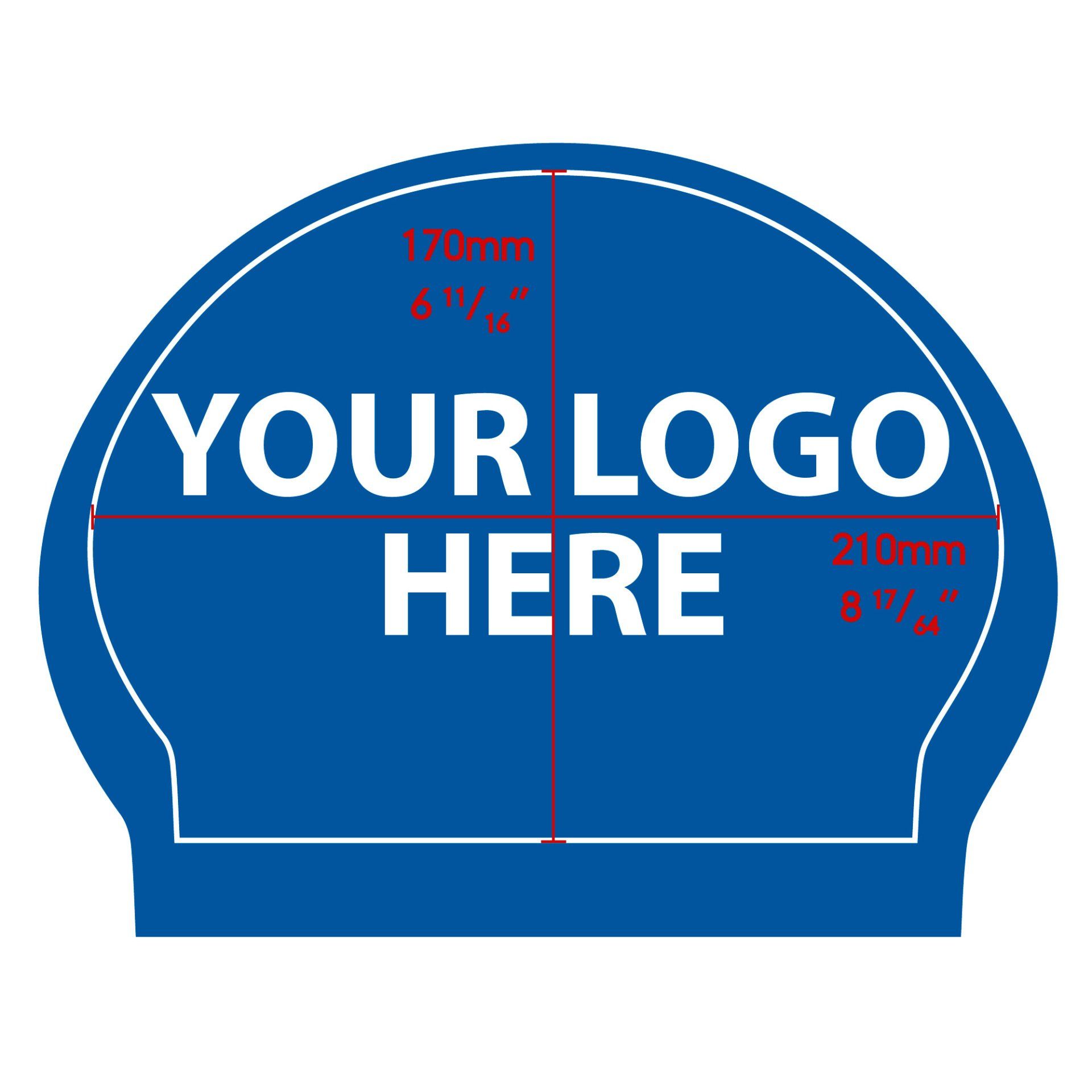 A blue swim cap with the words your logo here on it