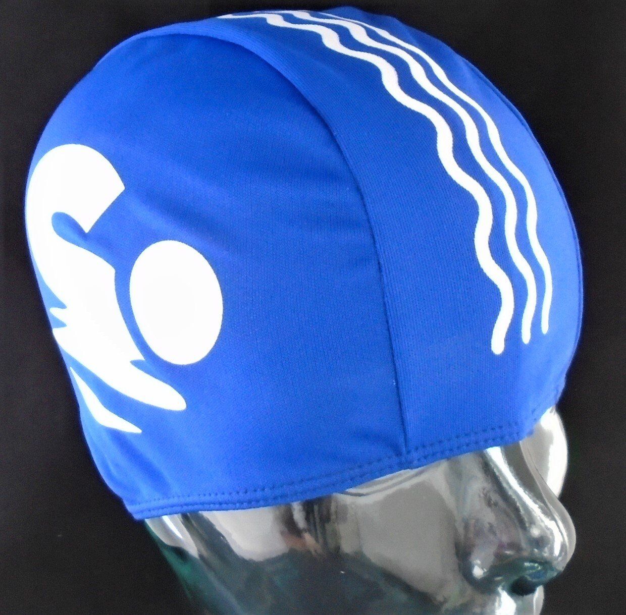 A blue swim cap with a white logo on it