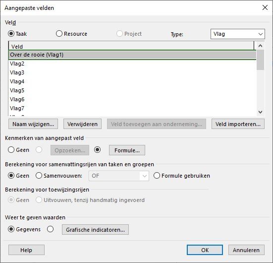 Aangepaste velden MS Project
