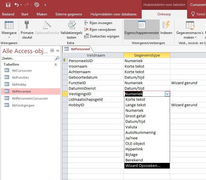 Tabelontwerp MS Access