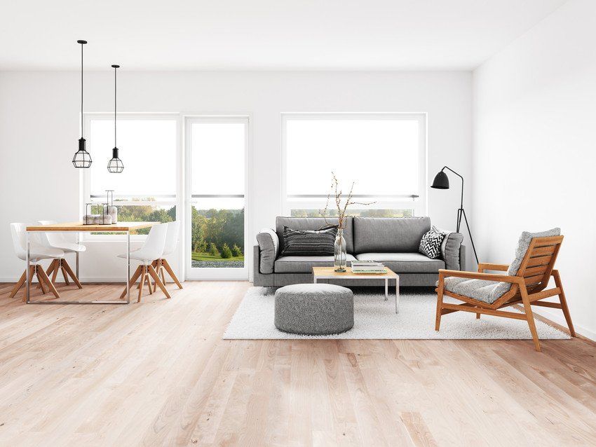 Modern living room with dining room. Render image.