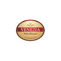 Oval red and gold Venezia Restaurante logo with cursive text on a white background