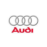 Audi logo with four silver rings and red text on a white background