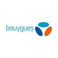 Bouygues Telecom logo with blue text and three blue, teal, and orange shapes on a white background