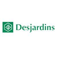 Desjardins logo in green with white hexagonal icon and wordmark on a white background