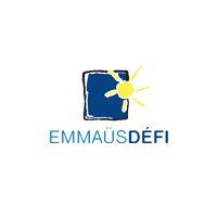Emmaüs Défi logo with a blue square and yellow sunburst above the text