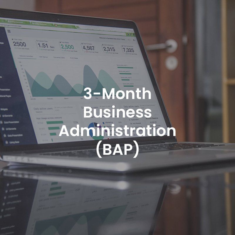Laptop with analytics dashboard and overlaid text “3-Month Business Administration (BAP)”