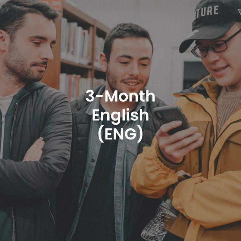Three people looking at a phone, with text overlay: “3-Month English (ENG)”