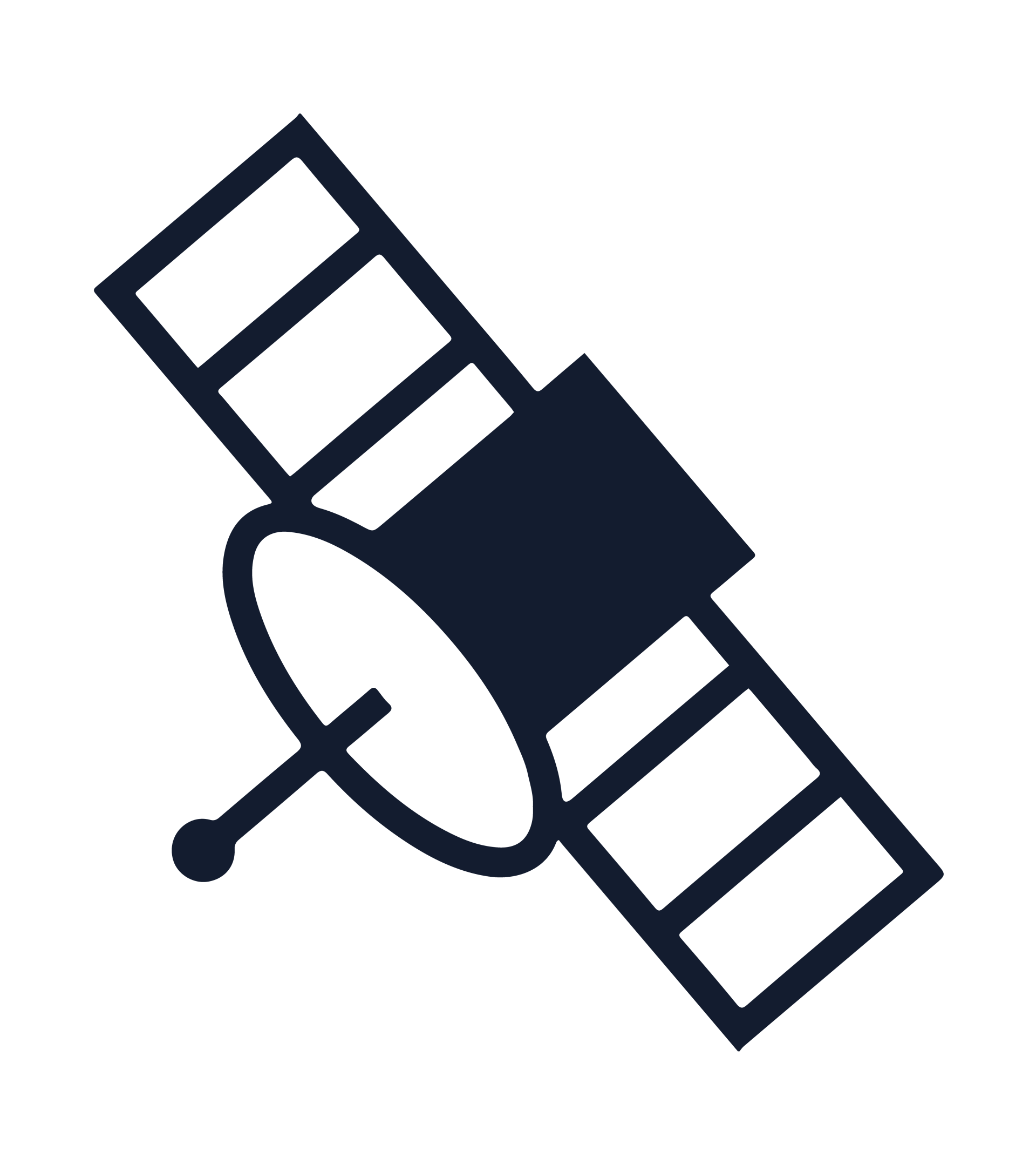 Un icono de satélite en blanco y negro sobre un fondo blanco.