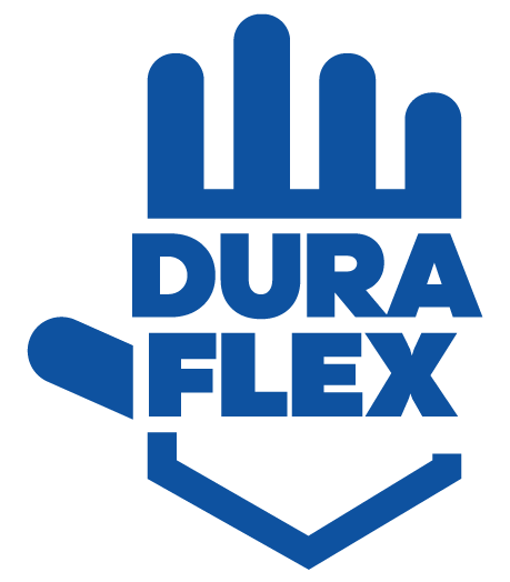 Una mano azul con las palabras dura flex en ella