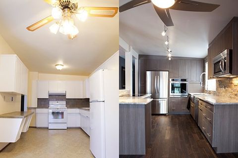 A side by side comparsion of a kitchen before and after a remodel.