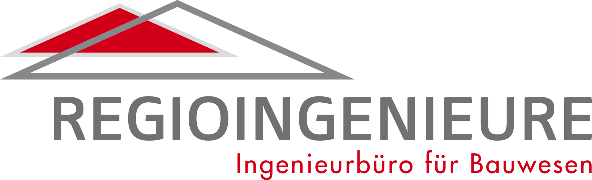 Logo für REGIOINGENIEURE, mit einem roten Dachsymbol und grauem Text auf weißem Hintergrund