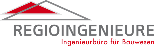 Logo für REGIOINGENIEURE, mit einem roten Dachsymbol und grauem Text auf weißem Hintergrund