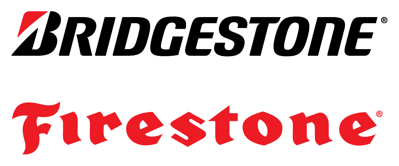 Logos of Bridgestone (black) and Firestone (red) tire brands.
