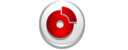 Red and white logo with a red circle cut by a white space, inside a white circle.